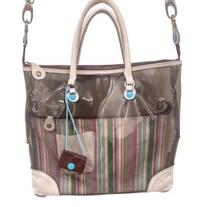 Gabs G-3 Convertible Tote Clear PVC Striped Canvas Insert Leather Trim Preloved